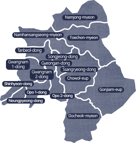 gwangju map - Opo-eup, Chowol-eup, Gonjiam-eup, Docheok-myeon, Toechon-myeon, Namjong-myeon, Namhansanseong-myeon, Gyeongan-dong, Songjeong-dong, Gwangnam-dong