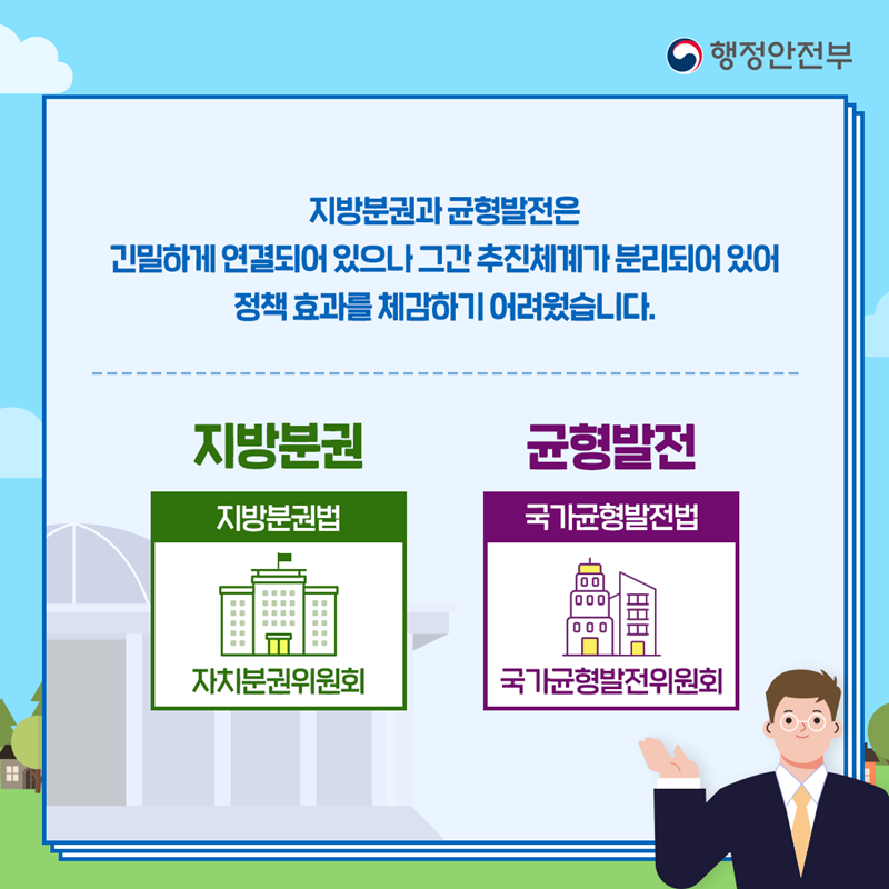 지방분권과 균형발전은 긴밀하게 연결되어 있으나 그간 추진체계가 분리되어 있어 정책 효과를 체감하기 어려웠습니다.